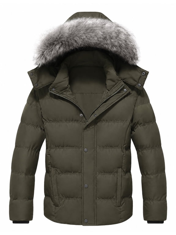 Men's Waterproof Winter Puffer Jacket with Detachable Hood - Warm Heavy Duty Bubble Coat, Windproof Ski Parka for Snow & Outdoor Army Green Medium