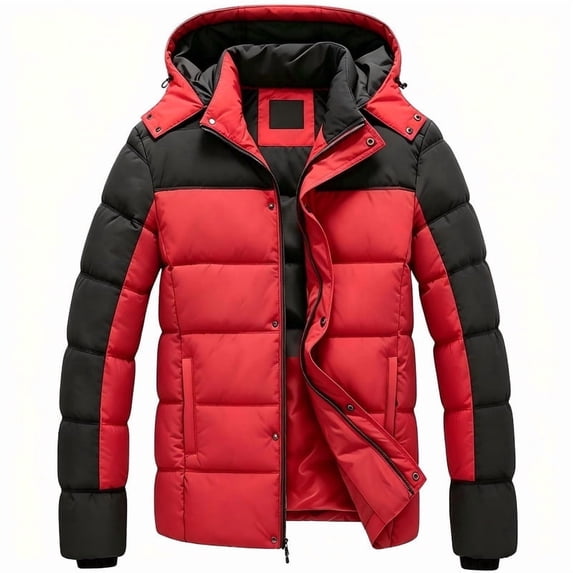 Heting Men's Winter Puffer Jacket - Thickened Quilted Down Coat with Removable Hood, Water-Repellent & Windproof Insulated Parka with Multiple Pockets for Outdoor & Casual Wear Black & Red 3X-Large