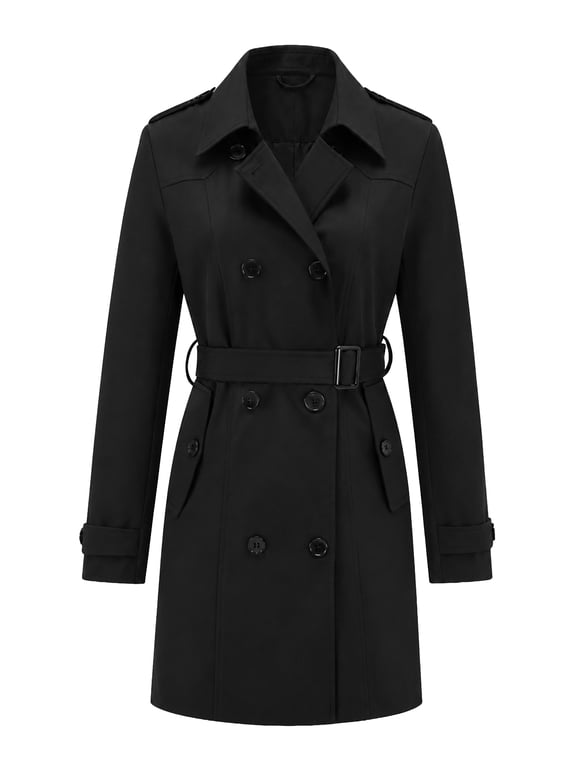 Women's Double-Breasted Trench Coat, Mid-Length Windproof Belted Overcoat with Water-Resistant Fabric for Travel & Office Black XX-Large