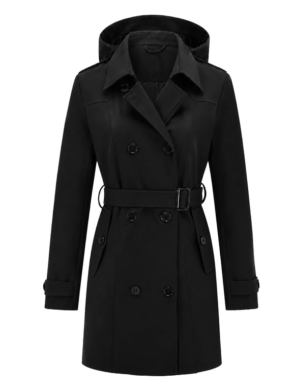 Women's Double-Breasted Trench Coat, Mid-Length Windproof Belted Overcoat with Water-Resistant Fabric for Travel & Office Black(hood) Medium