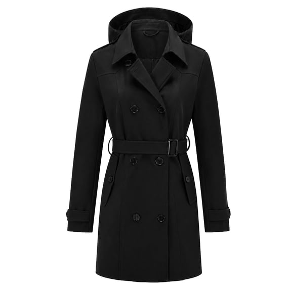 Heting Women's Double-Breasted Trench Coat, Mid-Length Windproof Belted Overcoat with Water-Resistant Fabric for Travel & Office Black(hood) Small
