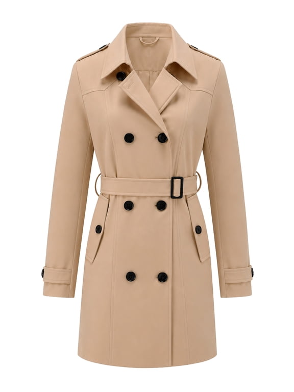 Women's Double-Breasted Trench Coat, Mid-Length Windproof Belted Overcoat with Water-Resistant Fabric for Travel & Office Khaki Medium