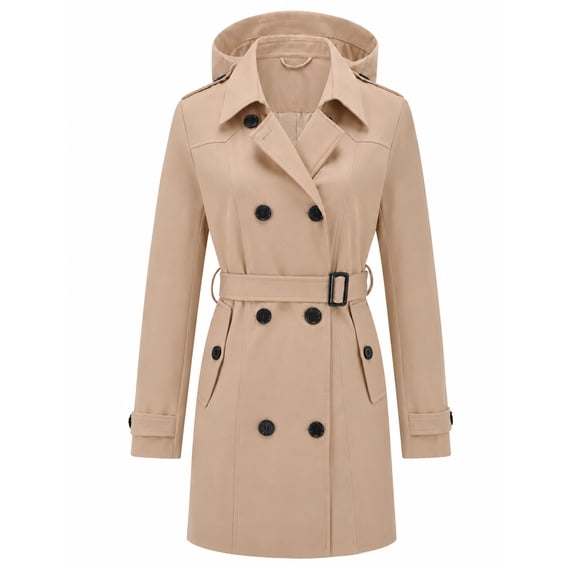 Heting Women's Double-Breasted Trench Coat, Mid-Length Windproof Belted Overcoat with Water-Resistant Fabric for Travel & Office Khaki(hood) Large