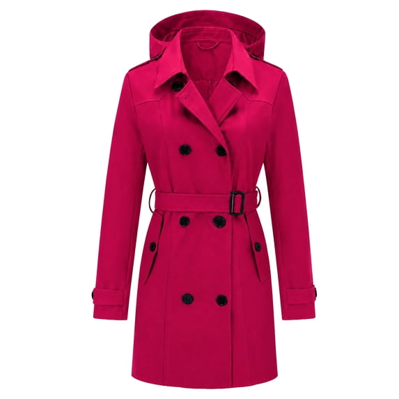 Heting Women's Double-Breasted Trench Coat, Mid-Length Windproof Belted Overcoat with Water-Resistant Fabric for Travel & Office Red(hood) X-Large