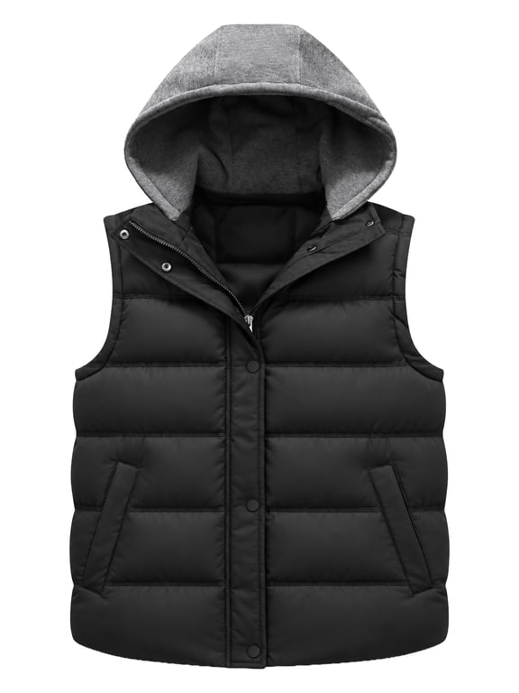 Women's Hooded Puffer Vest Warm Sleeveless Quilted Jacket with Zipper Snap Closure for Fall Winter Black Medium