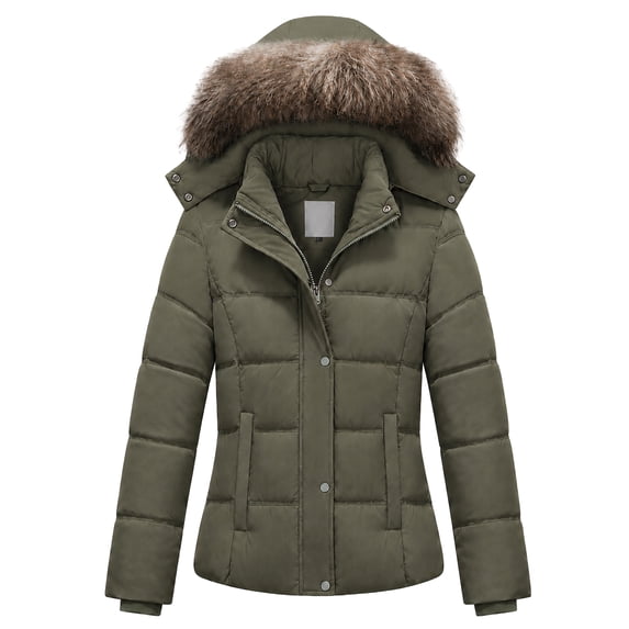 Heting Women's Winter Coat Puffer Jacket Quilted Warm Overcoat with Removable Hood Army Green 2XL