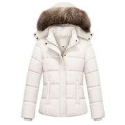 Women's Winter Coat Puffer Jacket Thicken Warm Windproof Outerwear with Removable Hood Beige L