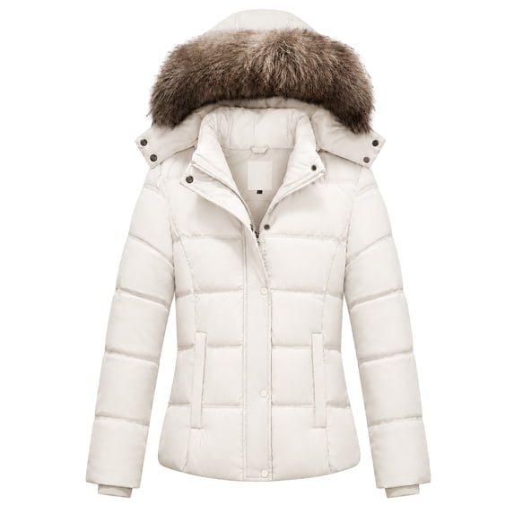 Heting Women's Winter Coat Puffer Jacket Thicken Warm Windproof Outerwear with Removable Hood Beige L