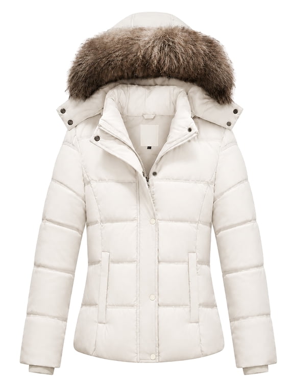 Women's Winter Coat Puffer Jacket Thicken Warm Windproof Outerwear with Removable Hood Beige L