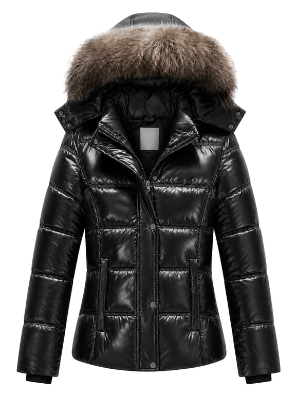 Women's Puffer Jacket Winter Coat Waterproof Overcoat Warm Hooded with Multi-Pockets Glossy Black M