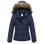Women's Puffer Jacket Winter Coat Windproof Waterproof Thicken Outerwear with Hood Navy XL