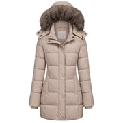 Women's Waterproof Thicken Winter Coat Puffer Jacket Windproof Hooded Khaki M