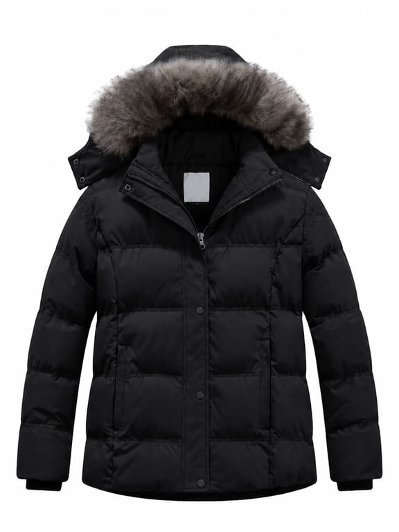 Women's Plus Size Hooded Puffer Jacket Quilted Thicken Winter Coat with Removable Hood, Windproof Waterproof Warm Overcoat with Multi-Pockets Black 5X