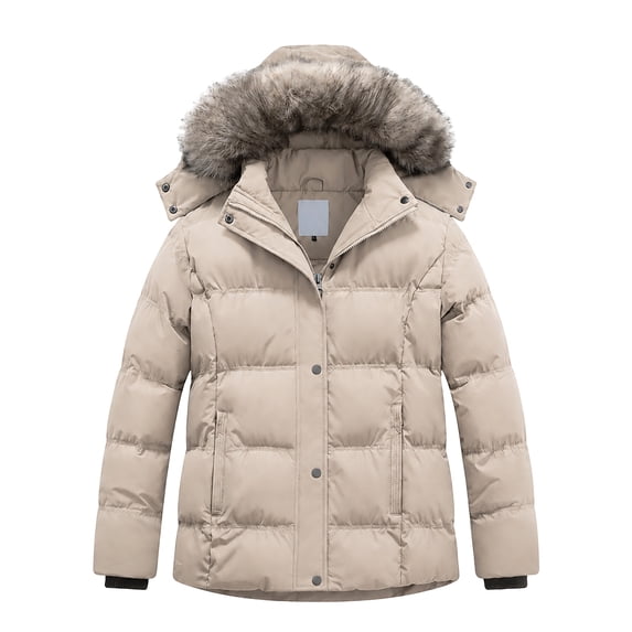 Heting Women's Plus Size Hooded Puffer Jacket Quilted Thicken Winter Coat with Removable Hood, Windproof Waterproof Warm Overcoat with Multi-Pockets Khaki 4X