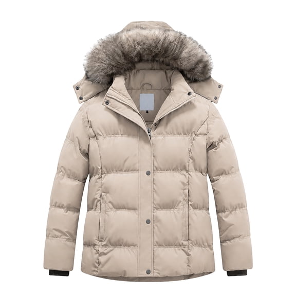 Heting Women's Plus Size Hooded Puffer Jacket Quilted Thicken Winter Coat with Removable Hood, Windproof Waterproof Warm Overcoat with Multi-Pockets Khaki 4X