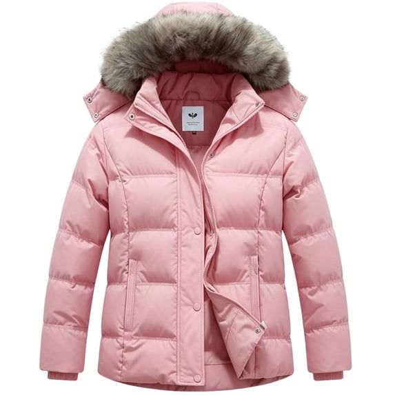 Heting Women's Plus Size Hooded Puffer Jacket Quilted Thicken Winter Coat with Removable Hood, Windproof Waterproof Warm Overcoat with Multi-Pockets Pink 1X