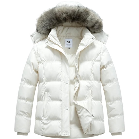 Heting Women's Plus Size Hooded Puffer Jacket Quilted Thicken Winter Coat with Removable Hood, Windproof Waterproof Warm Overcoat with Multi-Pockets White 3X