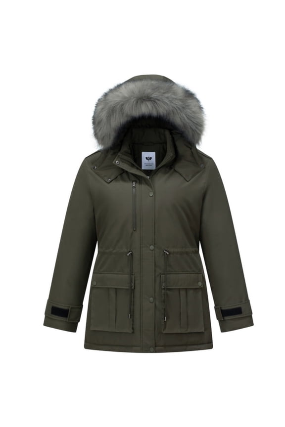 Women's Plus Size Winter Parka Coat, Waterproof Puffer Jacket with Detachable Hood & Fur Trim Army Green 3XL