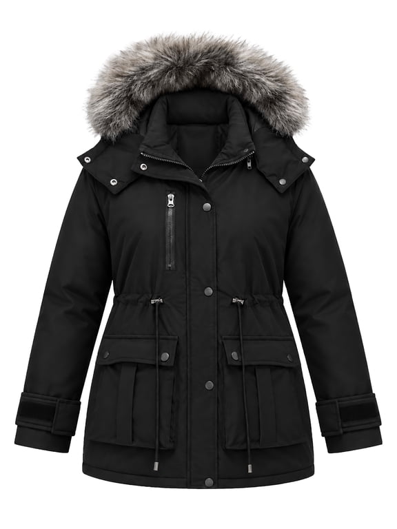 Women's Plus Size Winter Parka Coat, Waterproof Puffer Jacket with Detachable Hood & Fur Trim Black 4XL