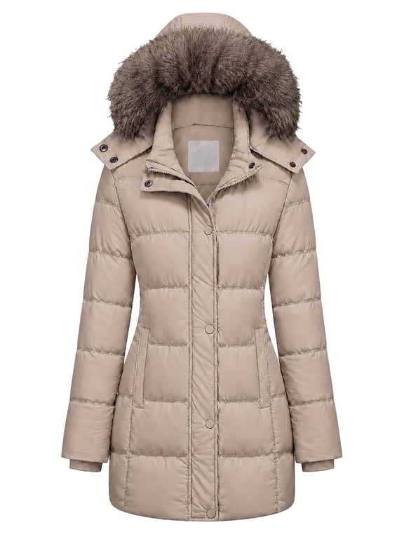 Women's Warm Hooded Puffer Jacket Winter Coat Quilted Waterproof Khaki L