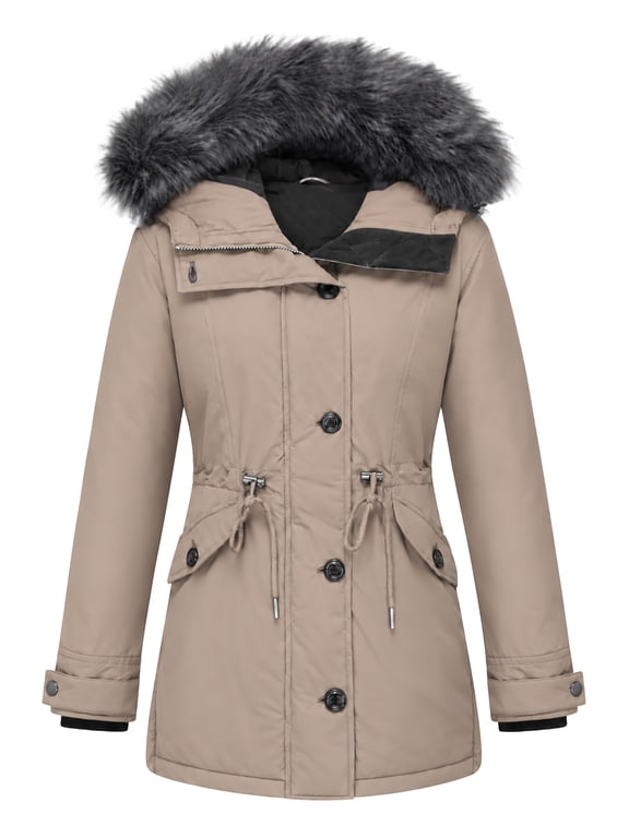Women's Winter Thicken Parka – Extra Warm Quilted Puffer Coat with Faux Fur Hood & Adjustable Fit Khaki Large