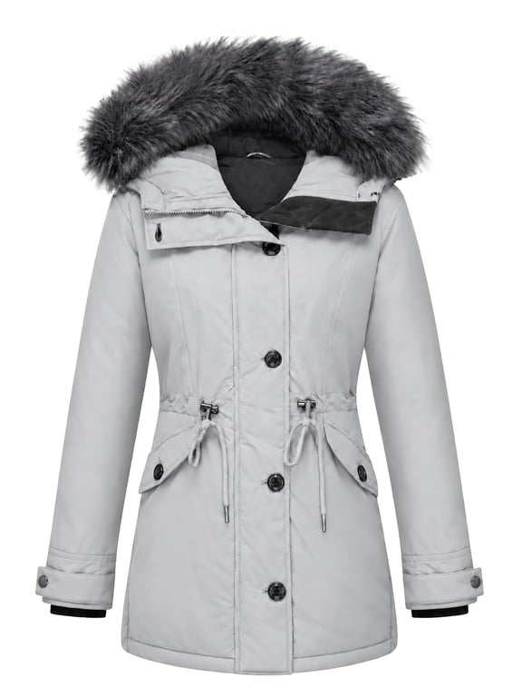 Women's Winter Thicken Parka – Extra Warm Quilted Puffer Coat with Faux Fur Hood & Adjustable Fit Light Grey Medium