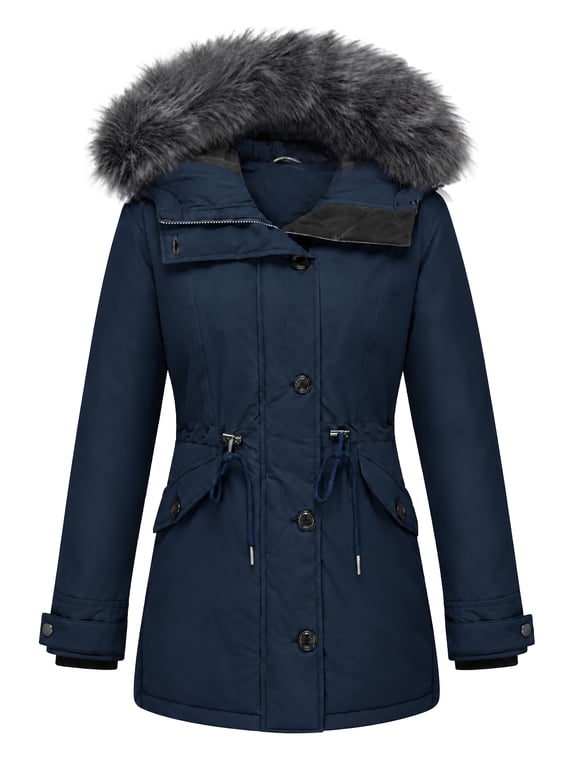Women's Winter Thicken Parka – Extra Warm Quilted Puffer Coat with Faux Fur Hood & Adjustable Fit Navy X-Large