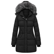 Women's Puffer Jacket Winter Coat Long Warm Outerwear with Removable Hood Black XL
