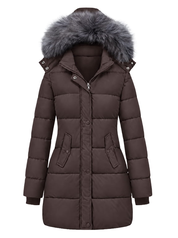 Women's Plus Size Puffer Jacket Winter Coat Windproof Mid-Length Parka with Hood Coffee 3XL