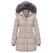 Women's Winter Coat Insulated Jacket Warm Outerwear with Removable Hood Khaki L