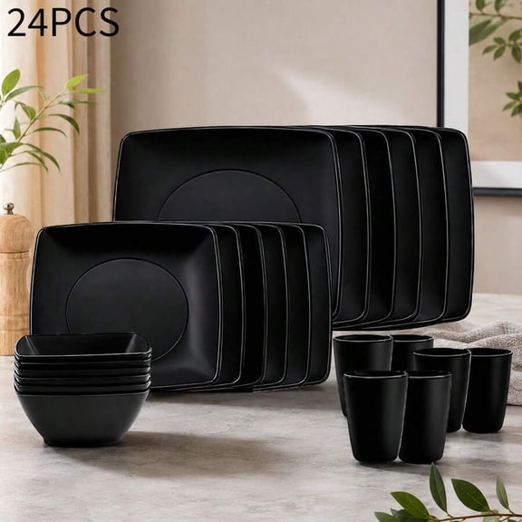 Hetorosu 16/24-Piece Full Set Of Black Tableware Including Bowls, Plates And Cups, Microwave And Dishwasher , Reusable And Stackable, Ideal For Daily Home Use, Camping And Picnics.