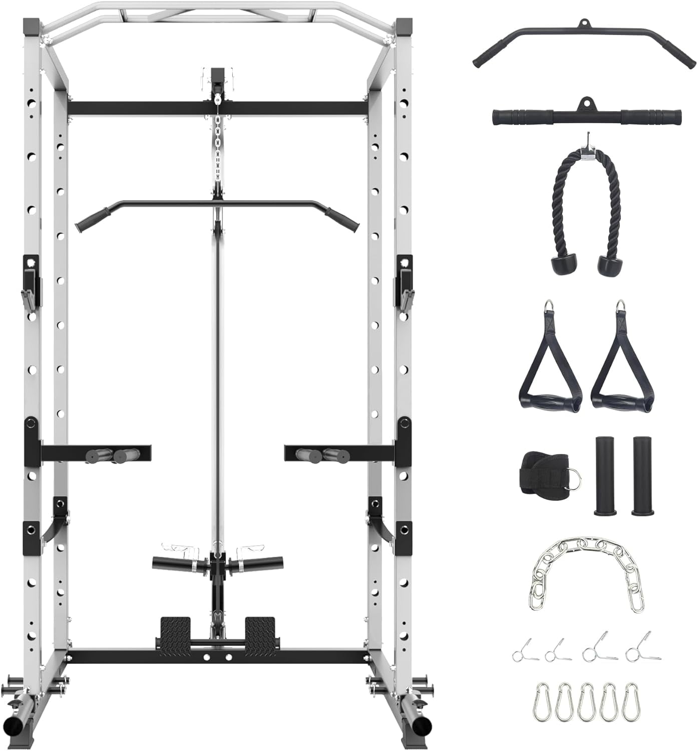 Hetoy 1600 Lbs Power Rack for Home Gym Squat Rack with Cable Pulley System & LAT Pull Down Workout Cage Strength Training Weight Cage with Dip Bar & J Hooks for Multiple Exercises,White