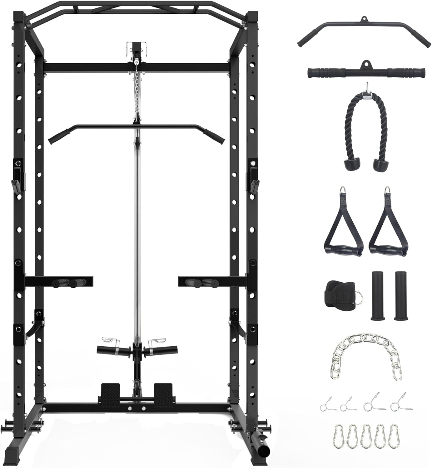 Hetoy 1600 Lbs Power Rack for Home Gym Squat Rack with Cable Pulley System & LAT Pull Down Workout Cage Strength Training Weight Cage with Dip Bar & J Hooks for Multiple Exercises,Black