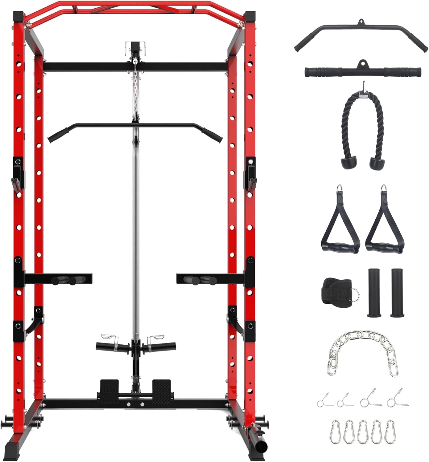 Hetoy 1600 Lbs Power Rack for Home Gym Squat Rack with Cable Pulley System & LAT Pull Down Workout Cage Strength Training Weight Cage with Dip Bar & J Hooks for Multiple Exercises,Red