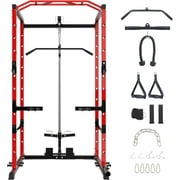 Hetoy 1600 Lbs Power Rack for Home Gym Squat Rack with Cable Pulley System & LAT Pull Down Workout Cage Strength Training Weight Cage with Dip Bar & J Hooks for Multiple Exercises,Red