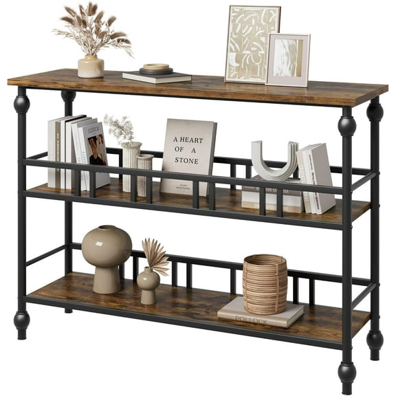 Hetoy 3-Tier Narrow Console Table - 43" Entryway Table with Storage, Industrial Hallway Table for Living Room, Hallway, and Bedroom - Stylish & Practical Design,Rustic Brown