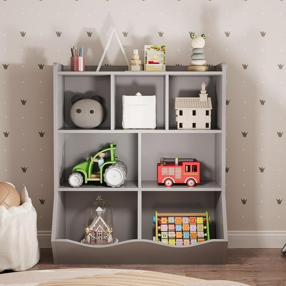 Hetoy 3 Tier Toy Storage Organizer, 5 Cube Toy Shelf and Bookcase Storage Cabinet, Book Shelf for Playroom Bedroom Living Room Nursery, Grey