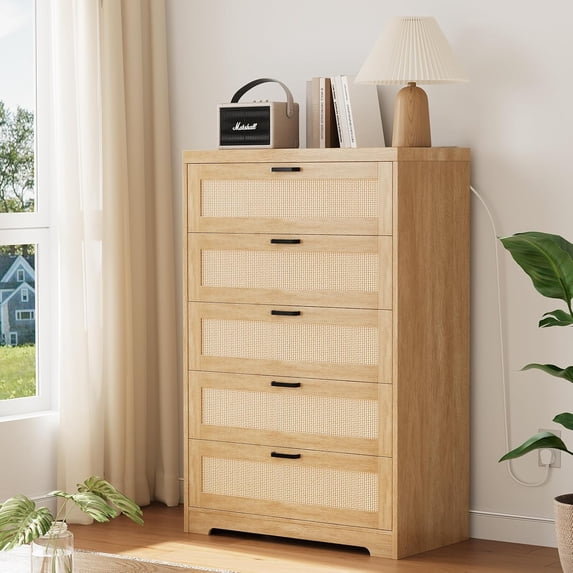 Hetoy 30% Off!4 Drawer Rattan Dresser Stylish Wooden Dresser for Bedroom, Closet, Living Room, or Hallway | Practical Design with Charging Station,Oak Natural