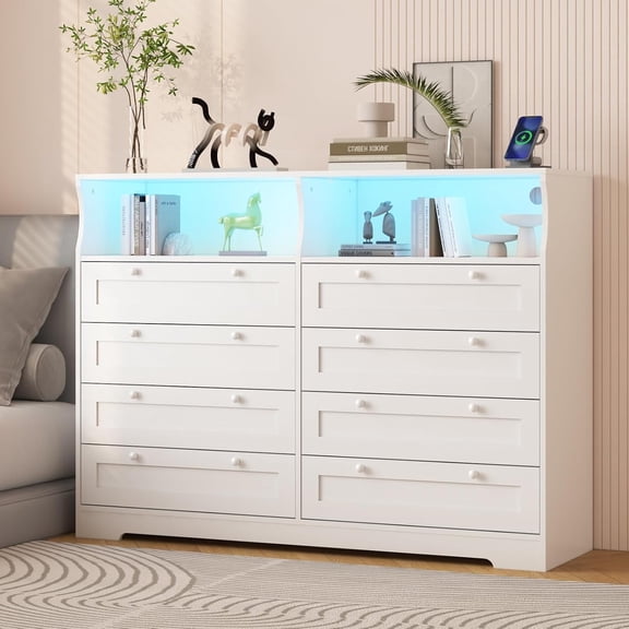 Hetoy 30% Off！8 Drawer Dresser with Storage Shelves, 55 Inch Modern Bedroom Dresser with LED Lights and Charging Station, Large Storage Cabinet for Bedroom Living Room Entryway in White Finish