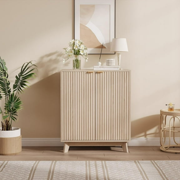 Hetoy 31.5" Fluted Natural Buffet Sideboard Cabinet with Adjustable Shelves and Gold Metal Handles – Oak