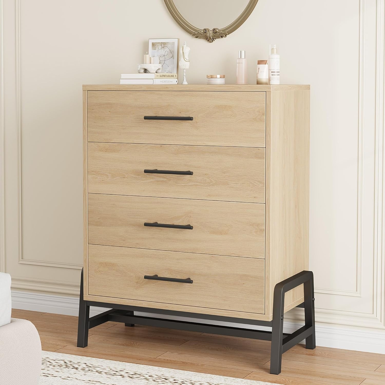 Hetoy 4 Dresser for Bedroom, 38.6" Tall Dresser, Tall Drawer Dresser with Storage Freestanding, Wooden Closet Dresser Storage Dresser Chest for Living Room, Bedroom, Entryway, Natural Oak
