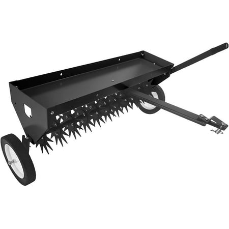 Hetoy 40" Tow Behind Aerator - Plug Aerator with Transport Wheels, Steel Teeth, Adjustable Handle, and Load-Bearing Tray for Farm, Lawn, and Garden, Black