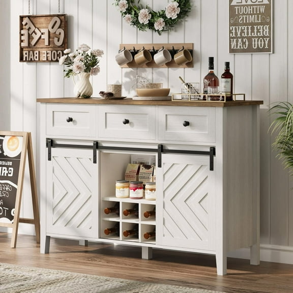 Hetoy 47.2" Farmhouse Buffet Cabinet with Sliding Barn Doors, 3 Drawers, Adjustable Shelves, White