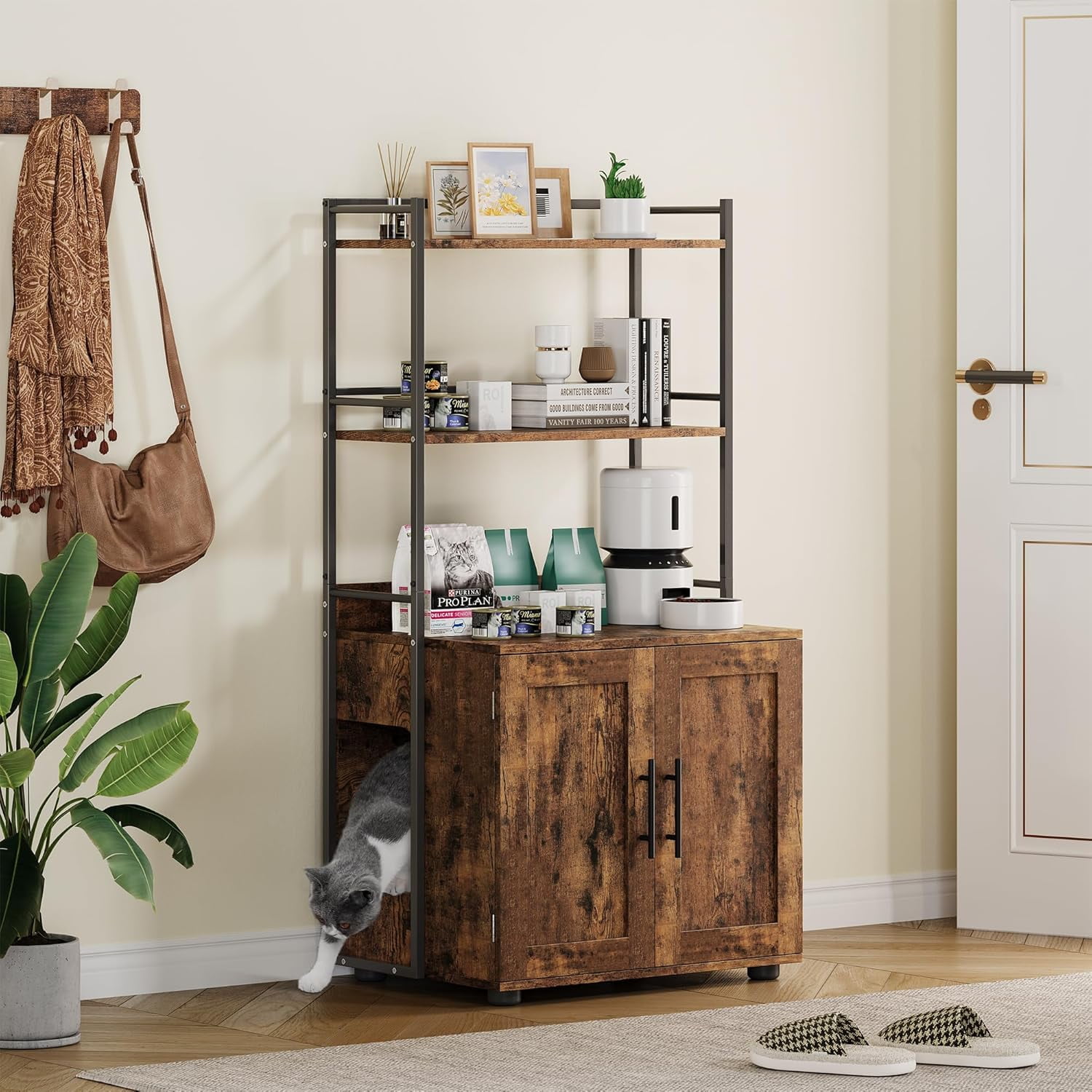 Hetoy 48.5'' Tall Cat Litter Box Enclosure with 3 Shelves – Stylish 2-in-1 Hidden Litter Box Furniture in Rustic Brown