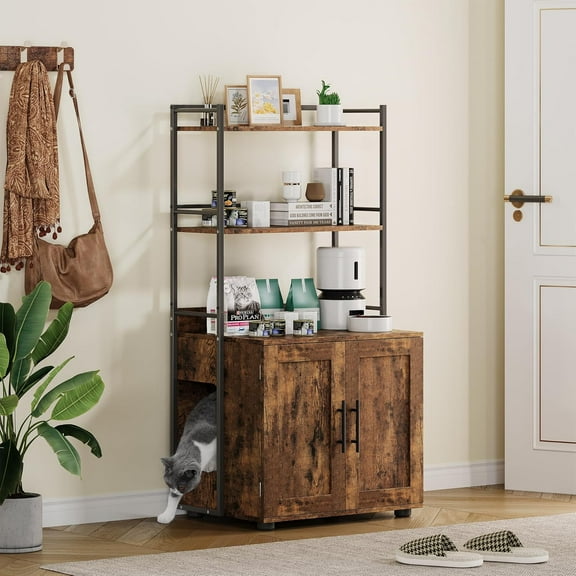 Hetoy 48.5'' Tall Cat Litter Box Enclosure with 3 Shelves – Stylish 2-in-1 Hidden Litter Box Furniture in Rustic Brown