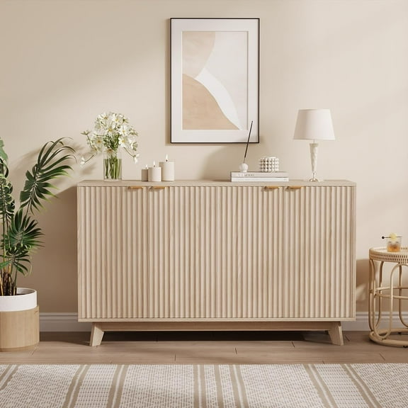 Hetoy 55.1" Fluted Natural Buffet Sideboard Cabinet with Adjustable Shelves and Gold Metal Handles – Oak