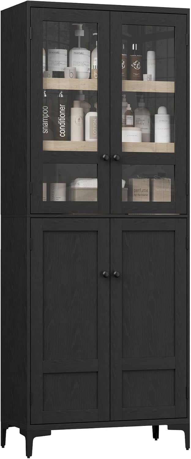 Hetoy 71-Inch Tall Storage Cabinet, Kitchen Food Cabinet, 5-Shelf Bathroom Cabinet, Glass Door with 4-Door Adjustable Shelves for Kitchen, Dining Room, Bathroom, Black