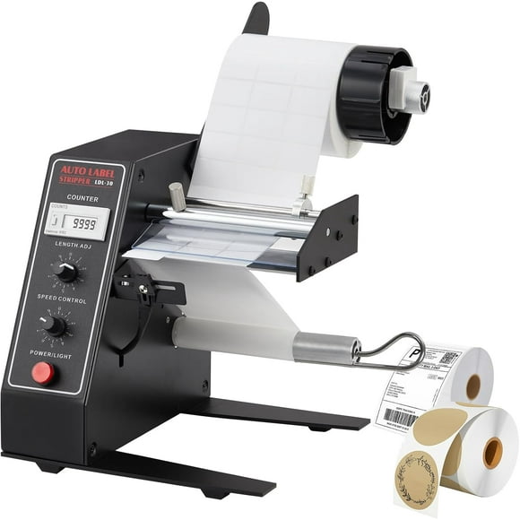 Hetoy Automatic Label Dispenser - 110V Electric Label Stripper Machine with Adjustable Speed (1-8m/Min) for Printed Translucent & Opaque Labels, Smart Photoelectric Sensor, Durable Design