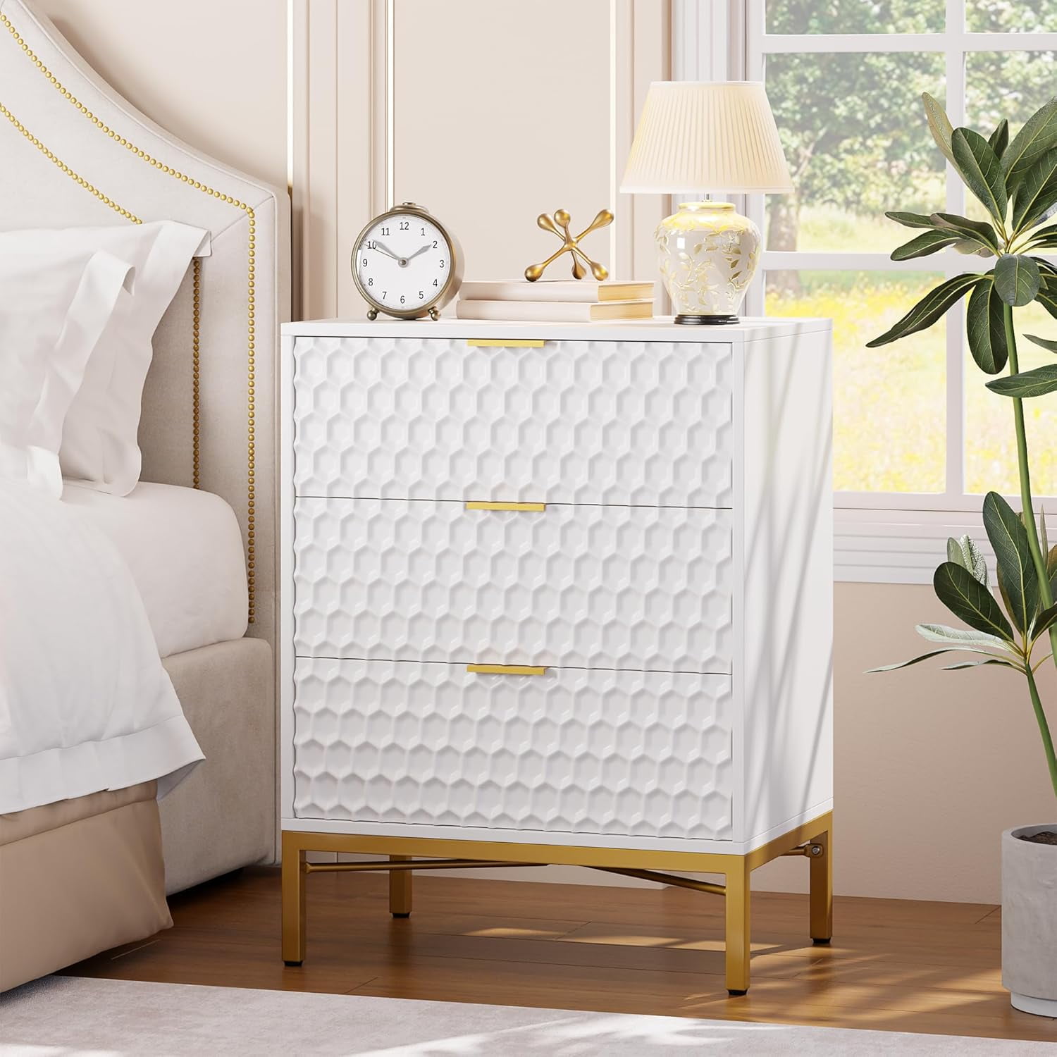 White Honeycomb 3 Drawer Dresser with Gold Accents