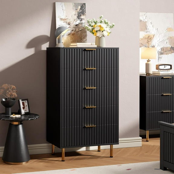 Hetoy Black 5 Drawer Bedroom Dresser, 48 inches (approx. 121.9 cm) High Modern Chest of Drawers with Deep Drawers and Wide Top, Fluted Wooden Dresser Organizer for Living Room, Hallway, Kids Room
